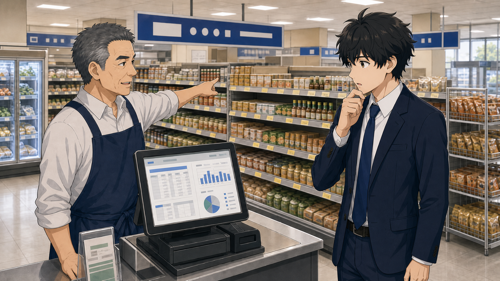 田中店長がPOSレジ画面を見せながら、棚を指差している